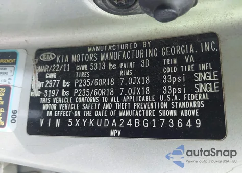 2011 Kia Sorento Ex V6 из США, поврежденный, VIN 5XYKUDA24BG173649